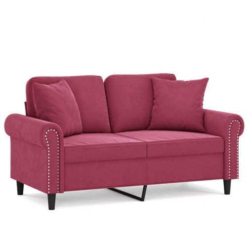 2-personers sofa i velour med pyntepuder - 120 cm, vinrød