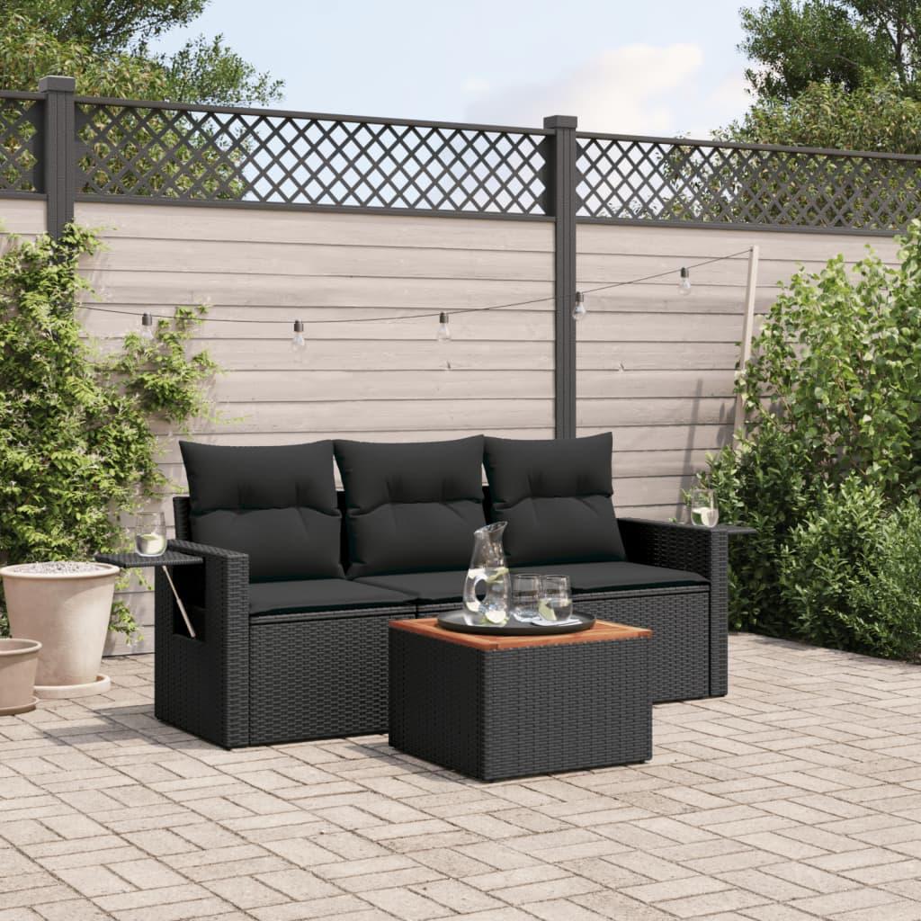 Sofasæt til haven i polyrattan - 4 dele med hynder, sort