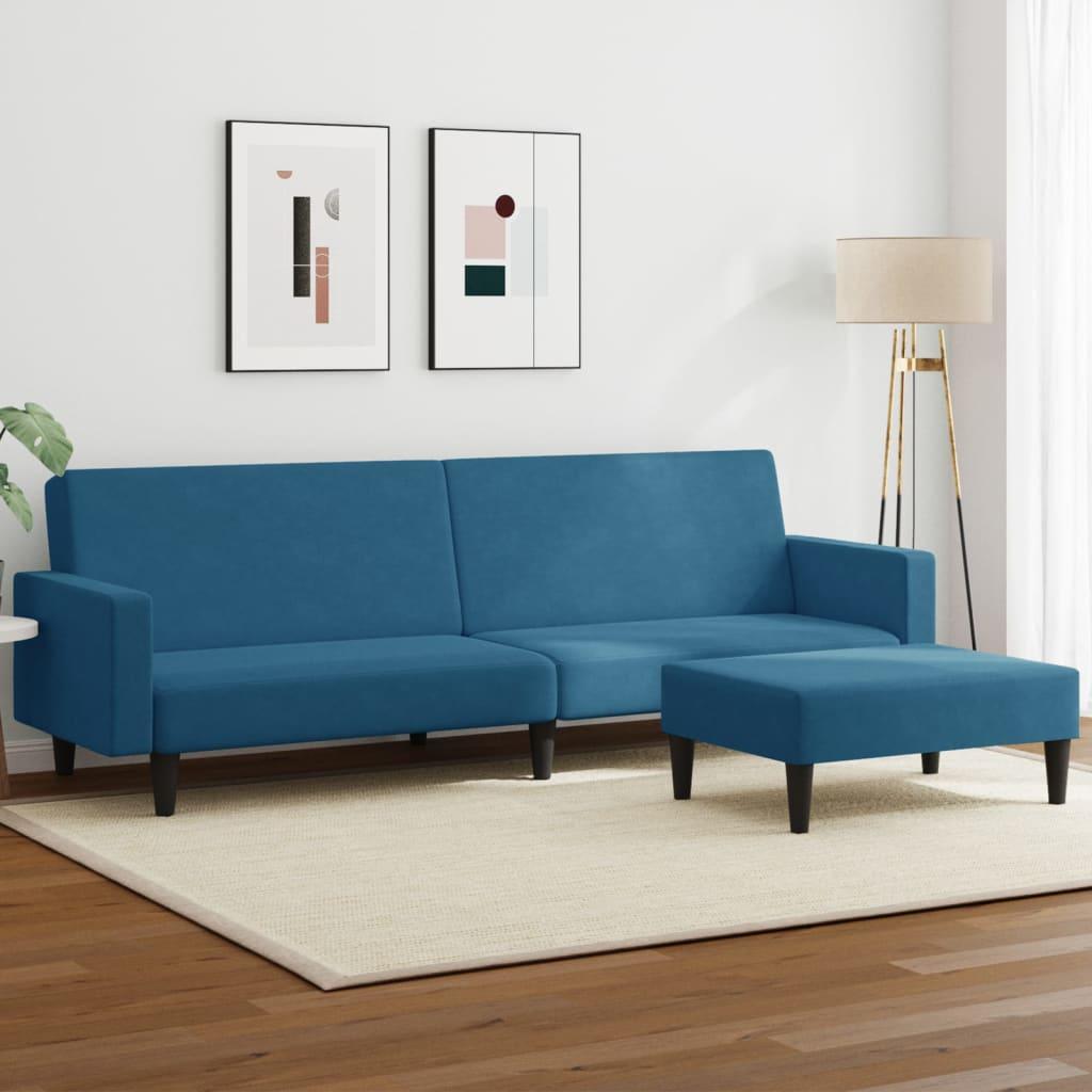 2-personers sovesofa med fodskammel i velour - blå