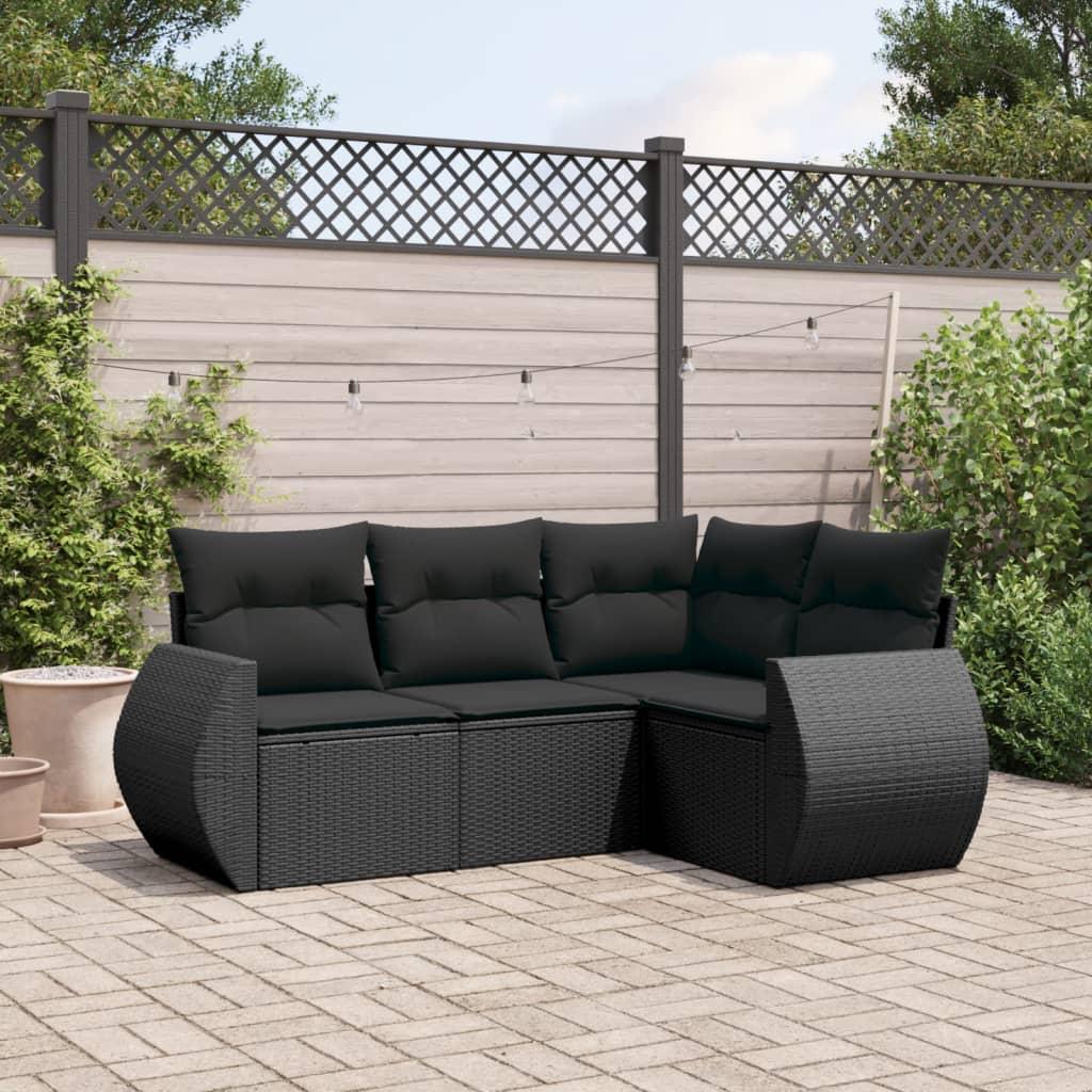 Sofasæt Til Haven 4 Dele Med Hynder Polyrattan Sort - Sort / Med bord