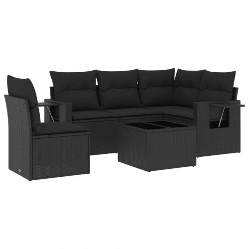 Havesofasæt i polyrattan - 6 dele med hynder, sort