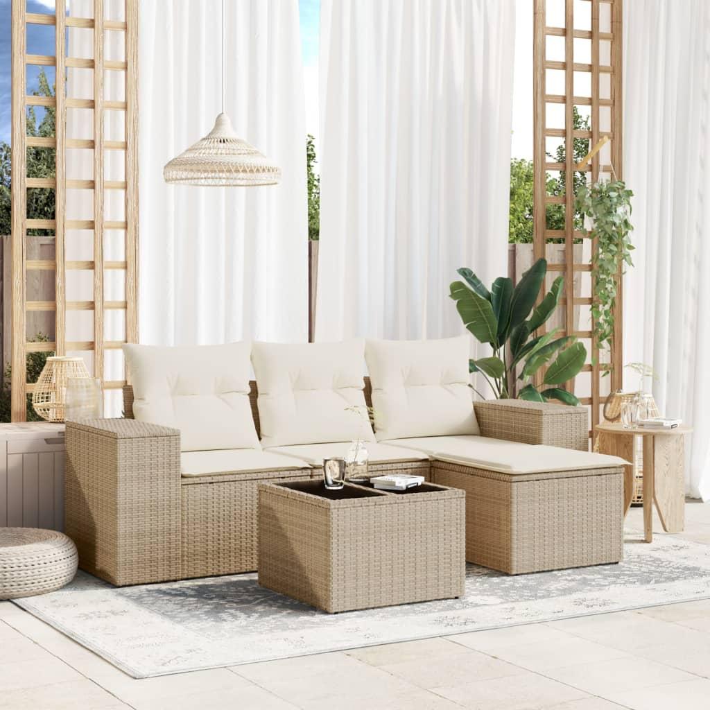 Sofasæt til haven 5 dele med hynder og opbevaring i polyrattan beige