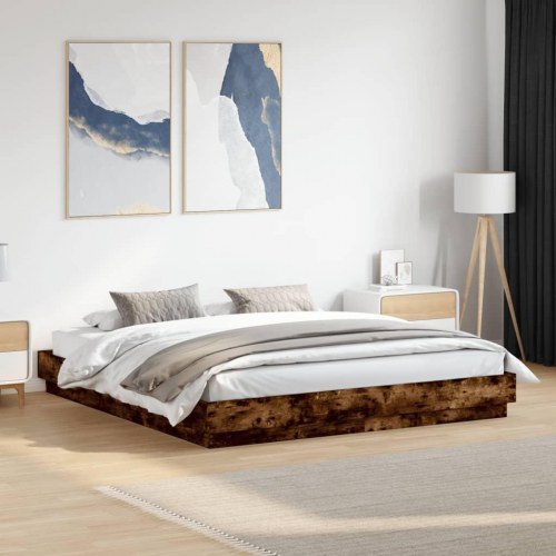 Sengeramme med LED-lys 200x200 cm røget egetræsfarve