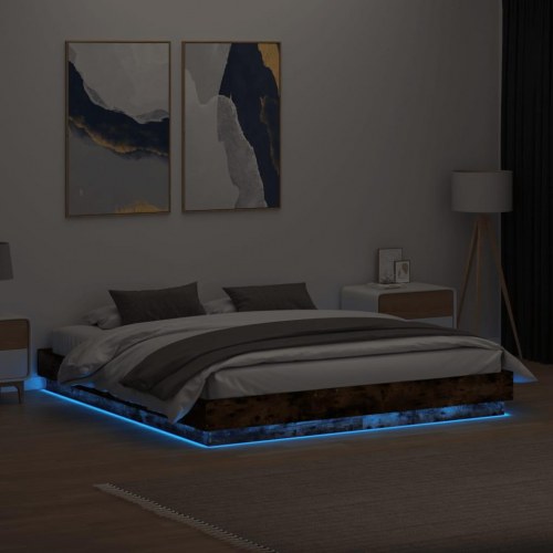 Sengeramme med LED-lys 200x200 cm røget egetræsfarve
