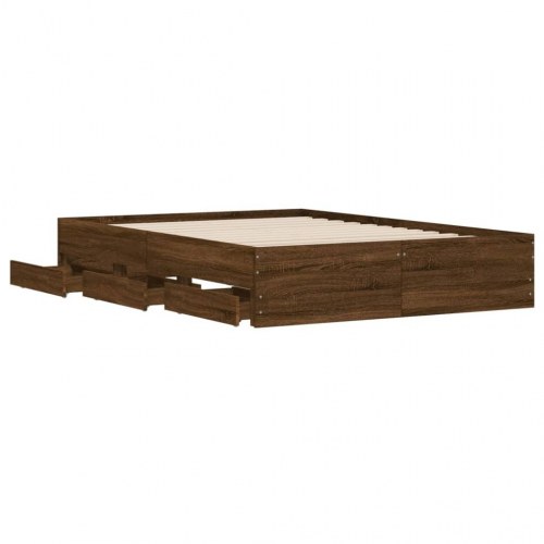Sengeramme med skuffer 135x190 cm - brunt egetræ, konstrueret træ