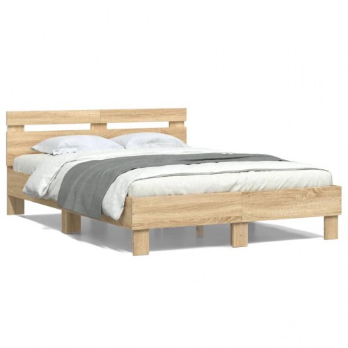 Sengeramme med sengegavl og LED-lys 135x190 cm - sonoma-eg