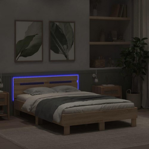 Sengeramme med sengegavl og LED-lys 135x190 cm - sonoma-eg