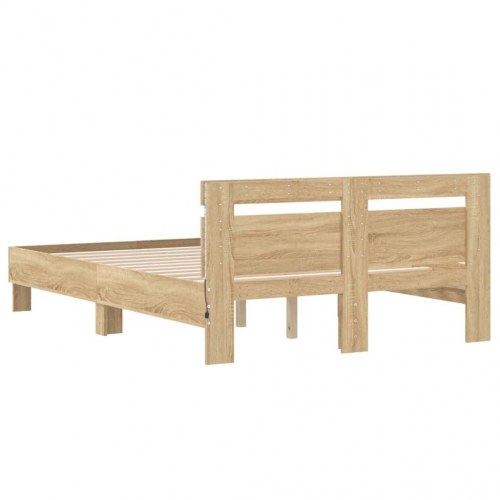 Sengeramme med sengegavl og LED-lys 135x190 cm - sonoma-eg