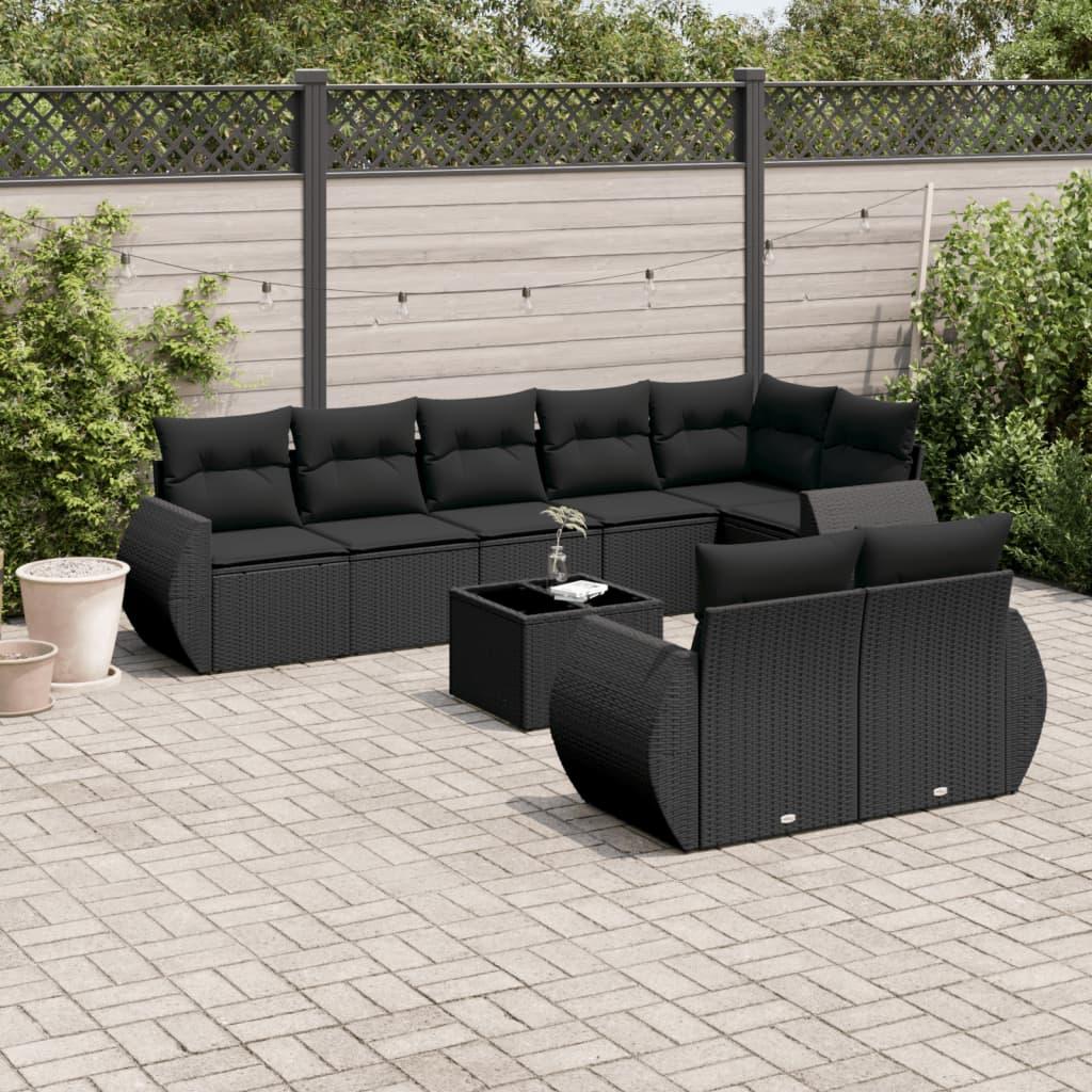 Sofasæt til haven i polyrattan - 9 dele med hynder, sort billede