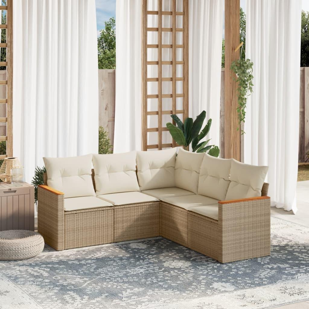 Sofasæt til haven i polyrattan, 5 dele, beige - modulær hjørnesofa med hynder og opbevaring