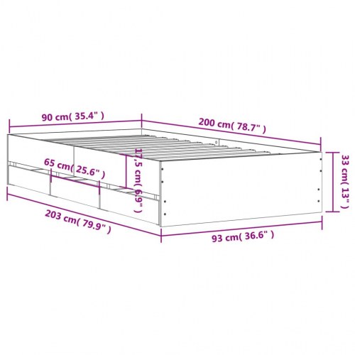 Sengeramme med skuffer 90x200 cm - grå sonoma-eg