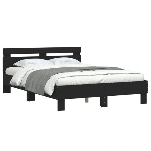 Sengeramme med sengegavl og LED-lys 135×190 cm - sort
