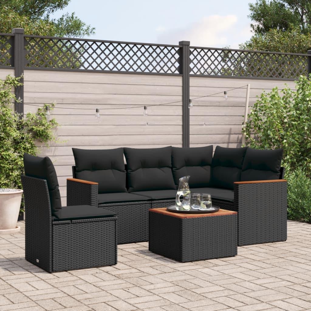 Sofasæt til haven - 6 dele i sort polyrattan med hynder og bord i akacietræ
