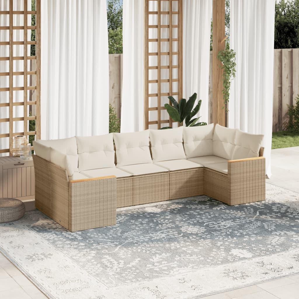 Sofasæt til haven i polyrattan - 7 dele med hynder, beige