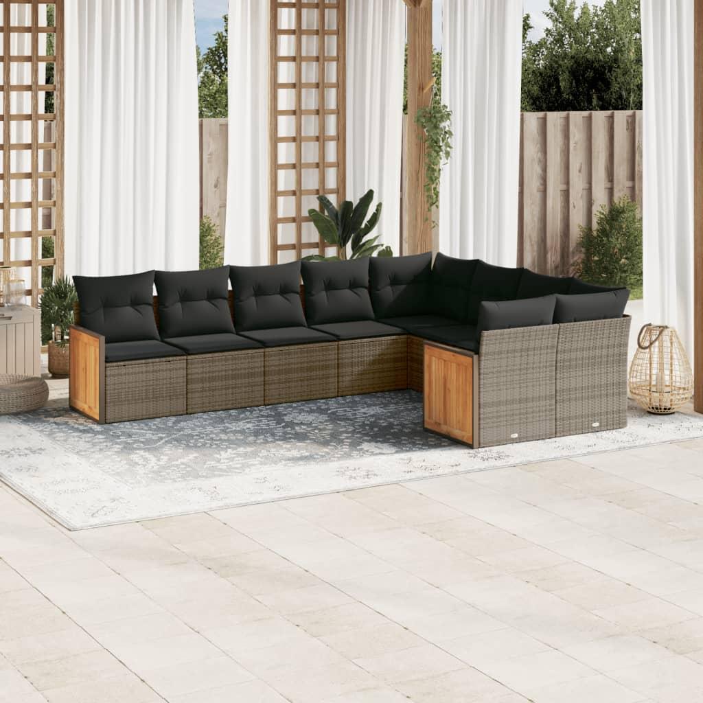 Sofasæt til haven - 9 dele med hynder og opbevaring, polyrattan, grå