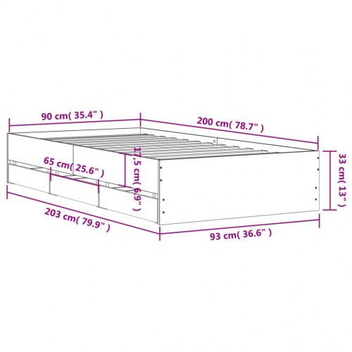 Sengeramme med 6 skuffer 90x200 cm i konstrueret træ sonoma-eg