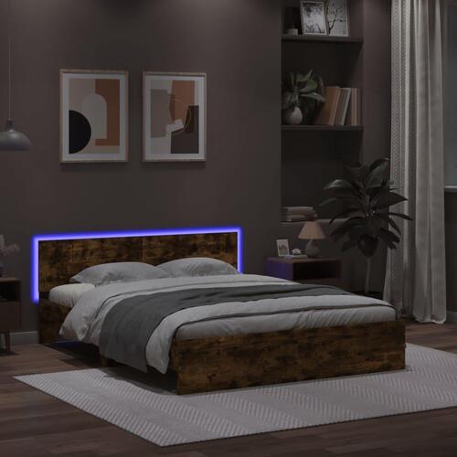 Sengeramme med sengegavl og LED-lys 160x200 cm røget egetræ