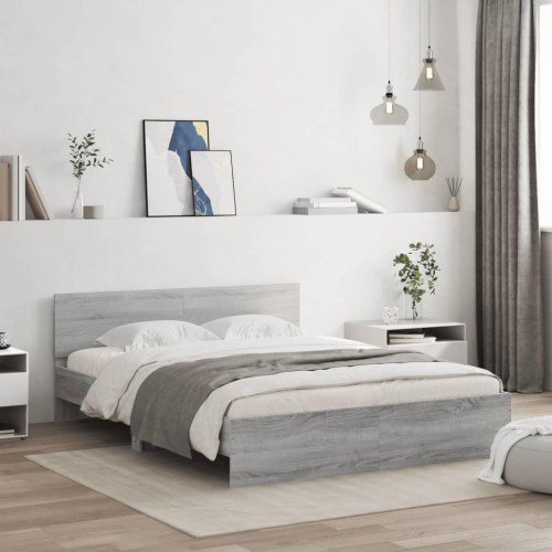Sengeramme med sengegavl og LED-lys 160 x 200 cm - grå sonoma-eg