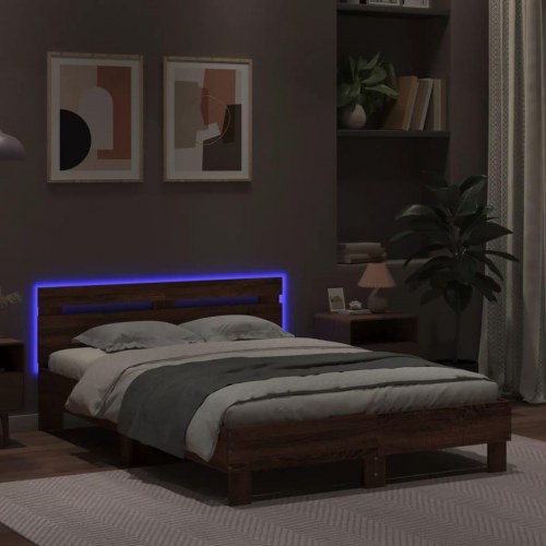 Sengeramme med sengegavl og LED-lys 135x190 cm - brunt egetræ