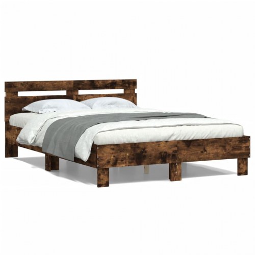 Sengeramme med sengegavl og LED-lys 135×190 cm - røget egetræ