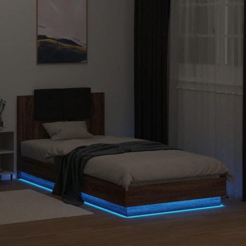 Sengeramme med sengegavl og LED-lys 100 x 200 cm - brun egetræsfarve