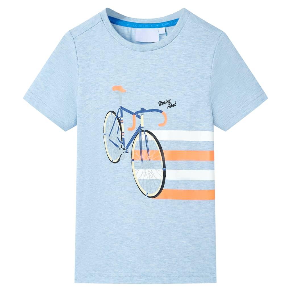 Kortærmet T-shirt til børn str. 140 - blåmeleret med cykelprint