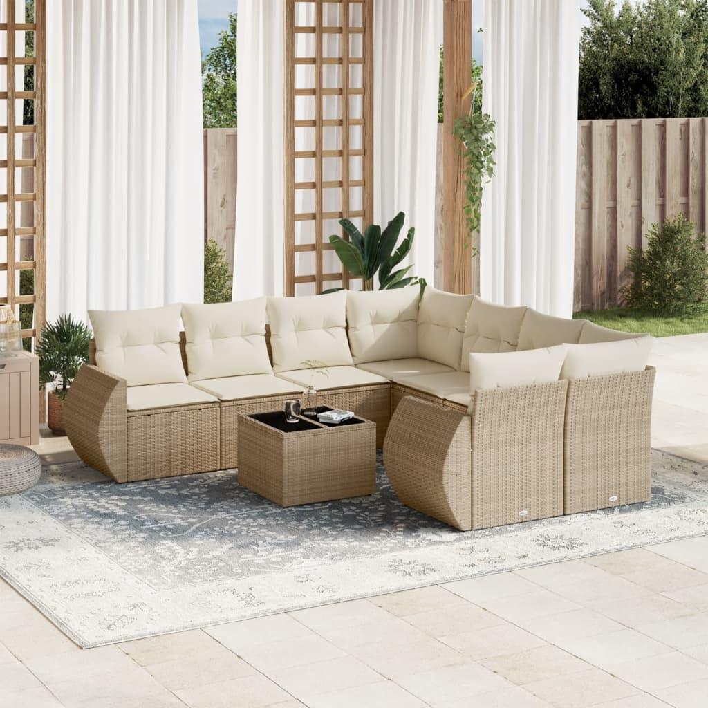 Sofasæt til haven i polyrattan - 9 dele med hynder og opbevaring, beige