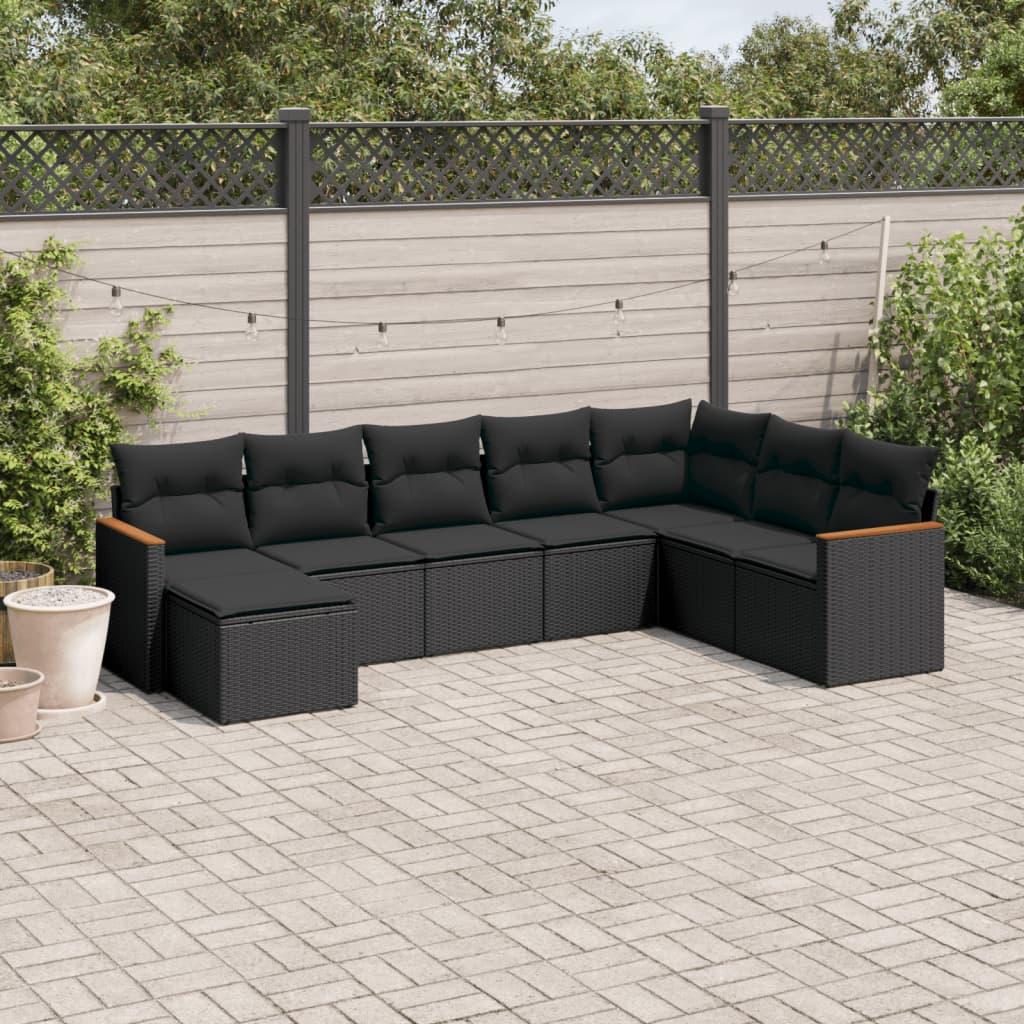 Sofasæt til haven i polyrattan - 8 dele med hynder, sort