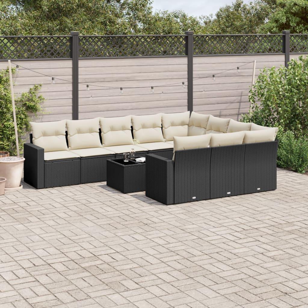 Sofasæt Til Haven 10 Dele Med Hynder Polyrattan Sort - Sort og cremefarvet / Med bord