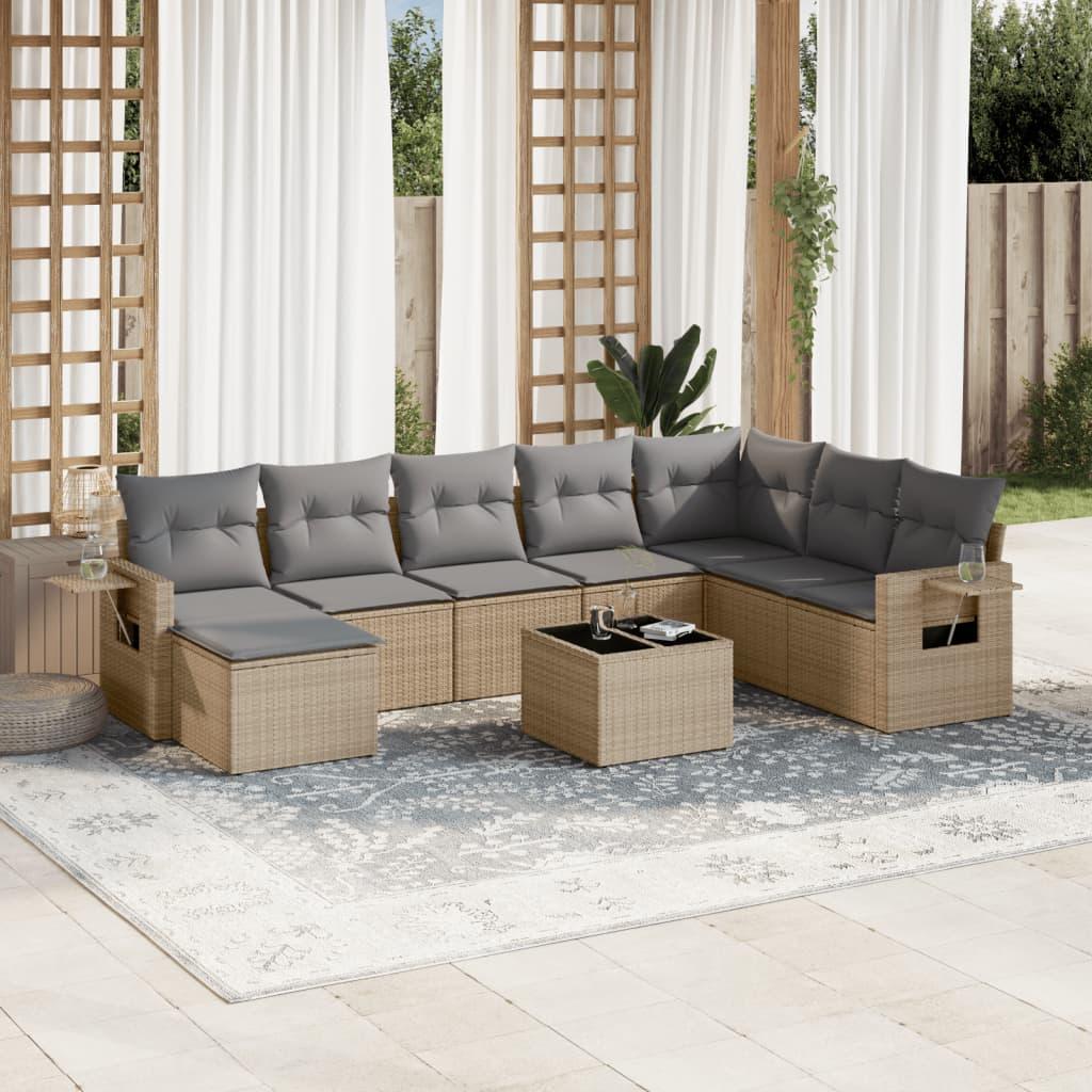 Sofasæt til haven i polyrattan - 9 dele med hynder, beige