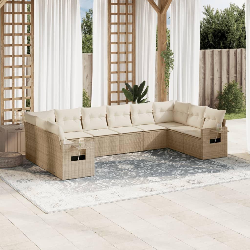 Sofasæt til haven i polyrattan - 10 dele med hynder, beige
