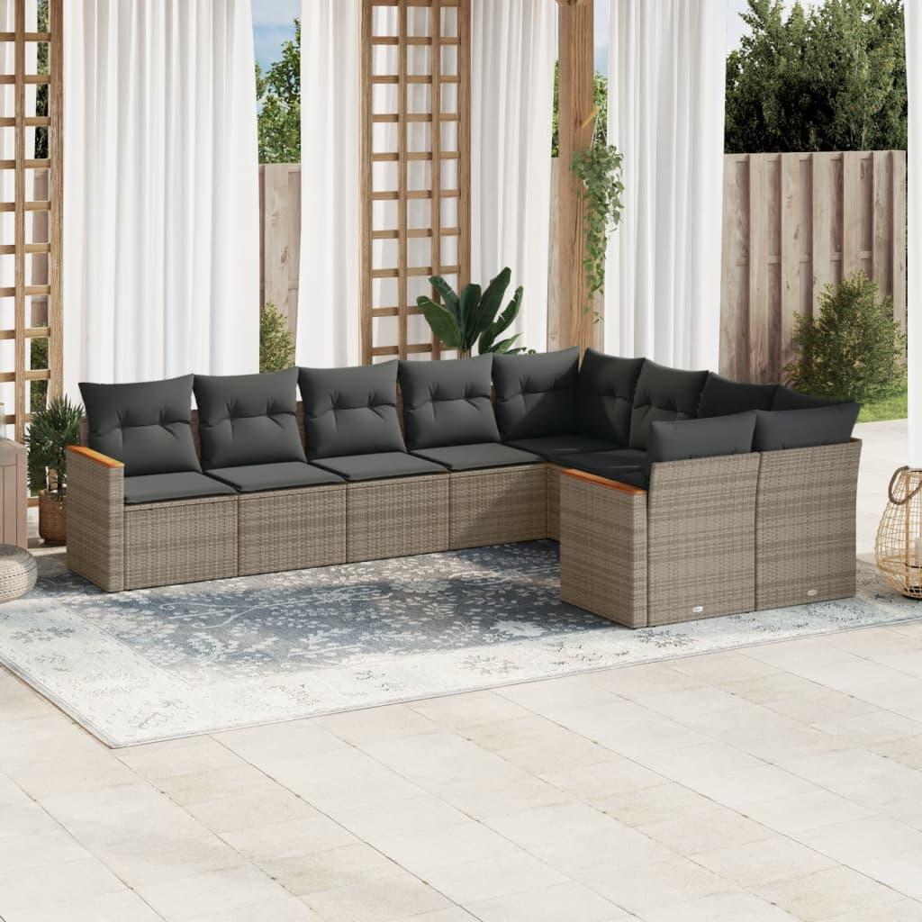 Sofasæt til haven - 9 dele med hynder og opbevaring, polyrattan, grå