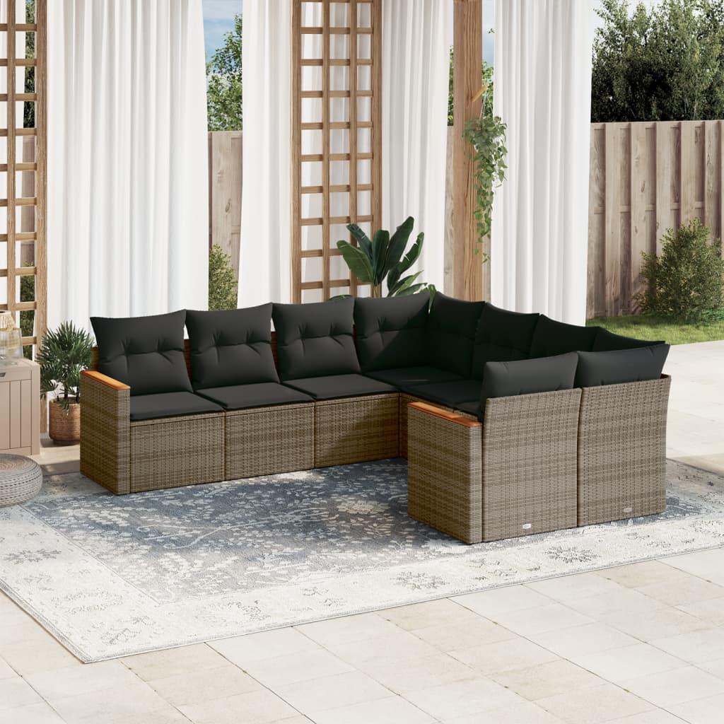 Sofasæt til haven i polyrattan - 8 dele med hynder, grå
