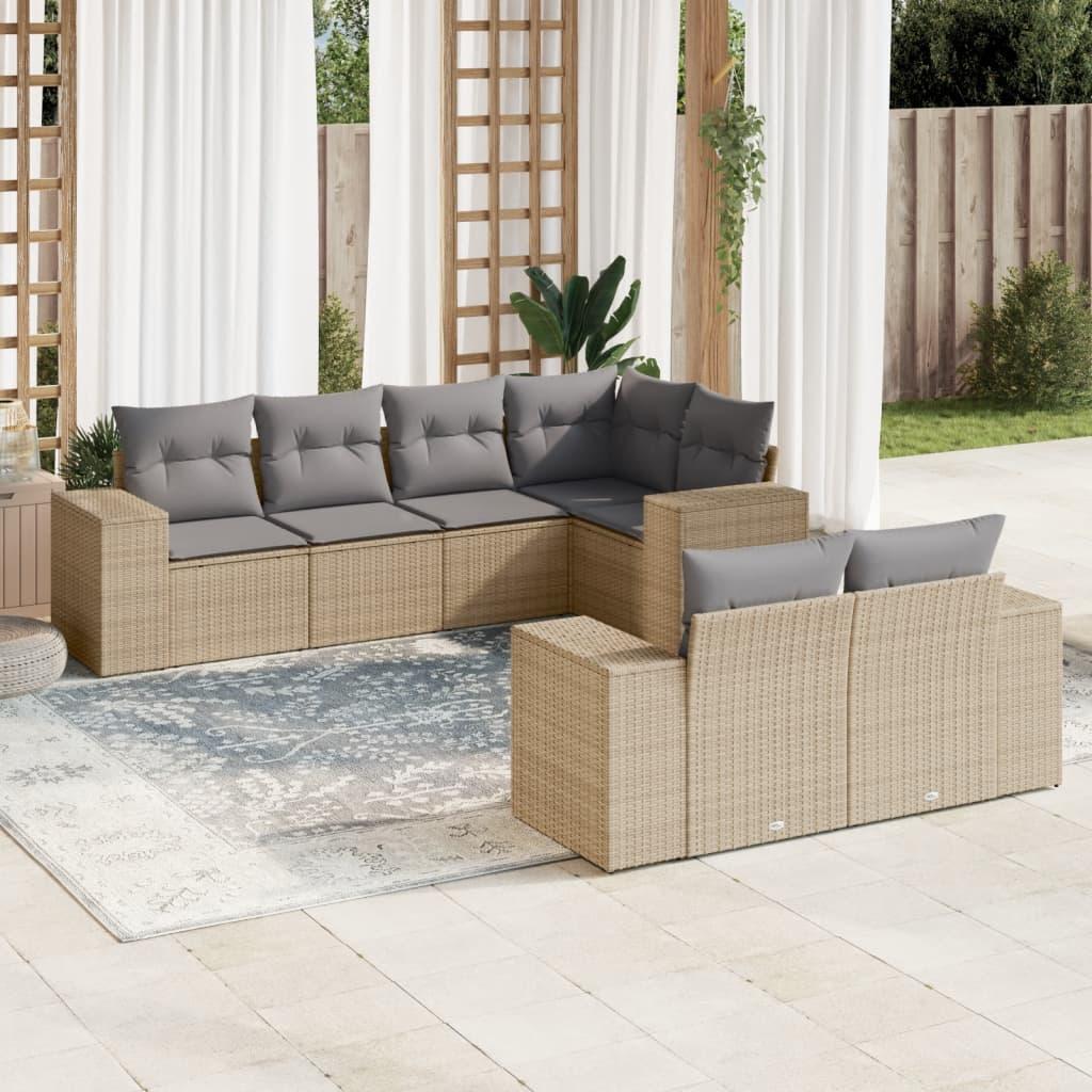Sofasæt til haven 7 dele med hynder i polyrattan - beige/lysegrå