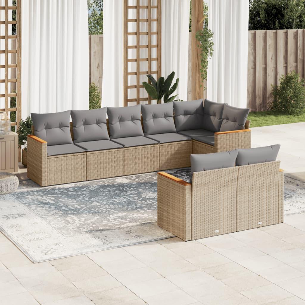 Sofasæt til haven i polyrattan - 8 dele med hynder, beige