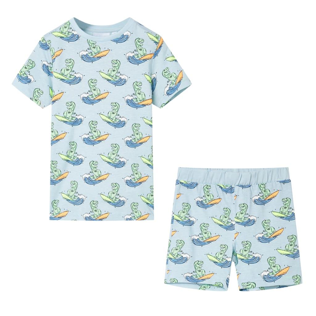 Børnepyjamas str. 116 - kortærmet, lyseblå med surfende dinosaur