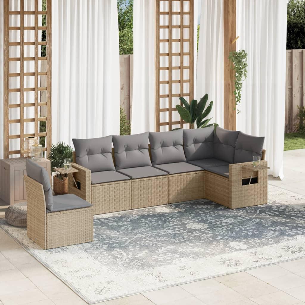 Sofasæt til haven i polyrattan - 6 dele med hynder, beige/lysegrå