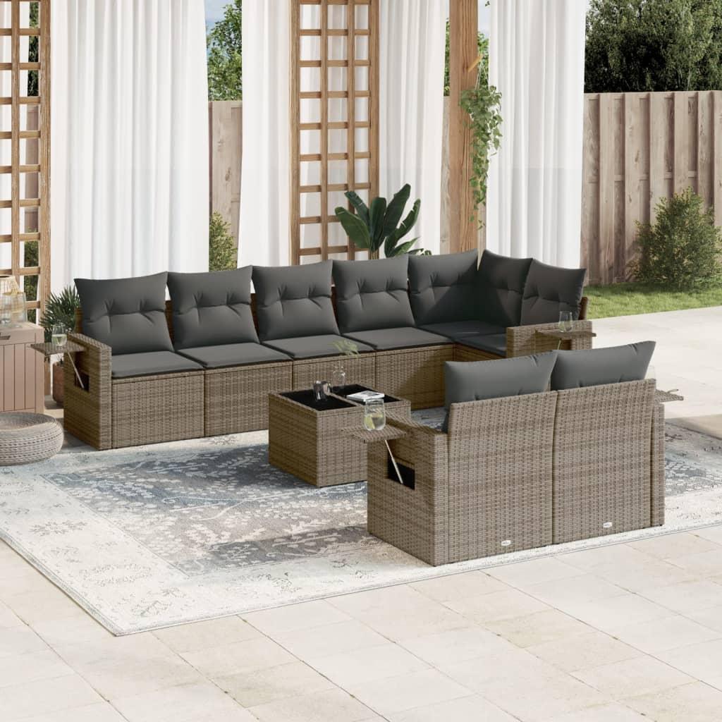 Sofasæt Til Haven 9 Dele Med Hynder Polyrattan Beige - Grå / Med bord