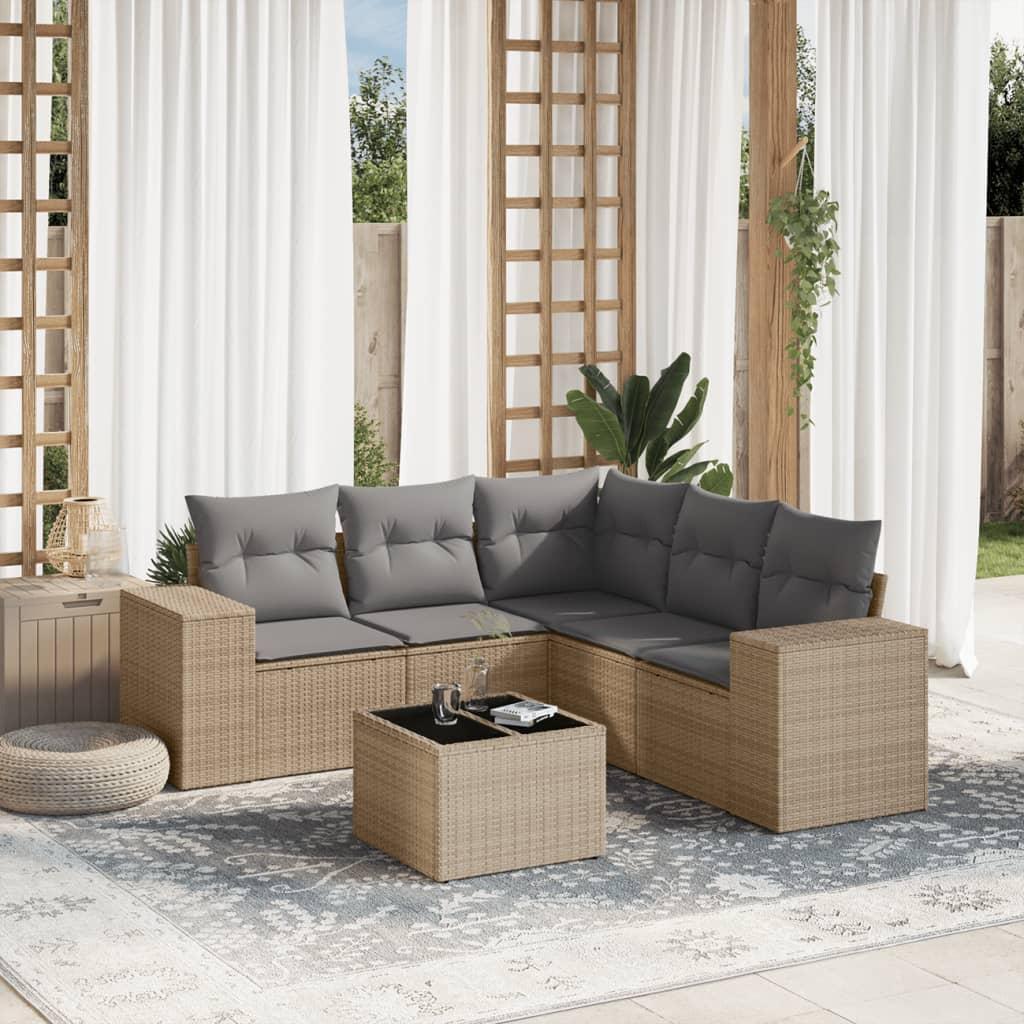 Sofasæt til haven i polyrattan - 6 dele med hynder, beige