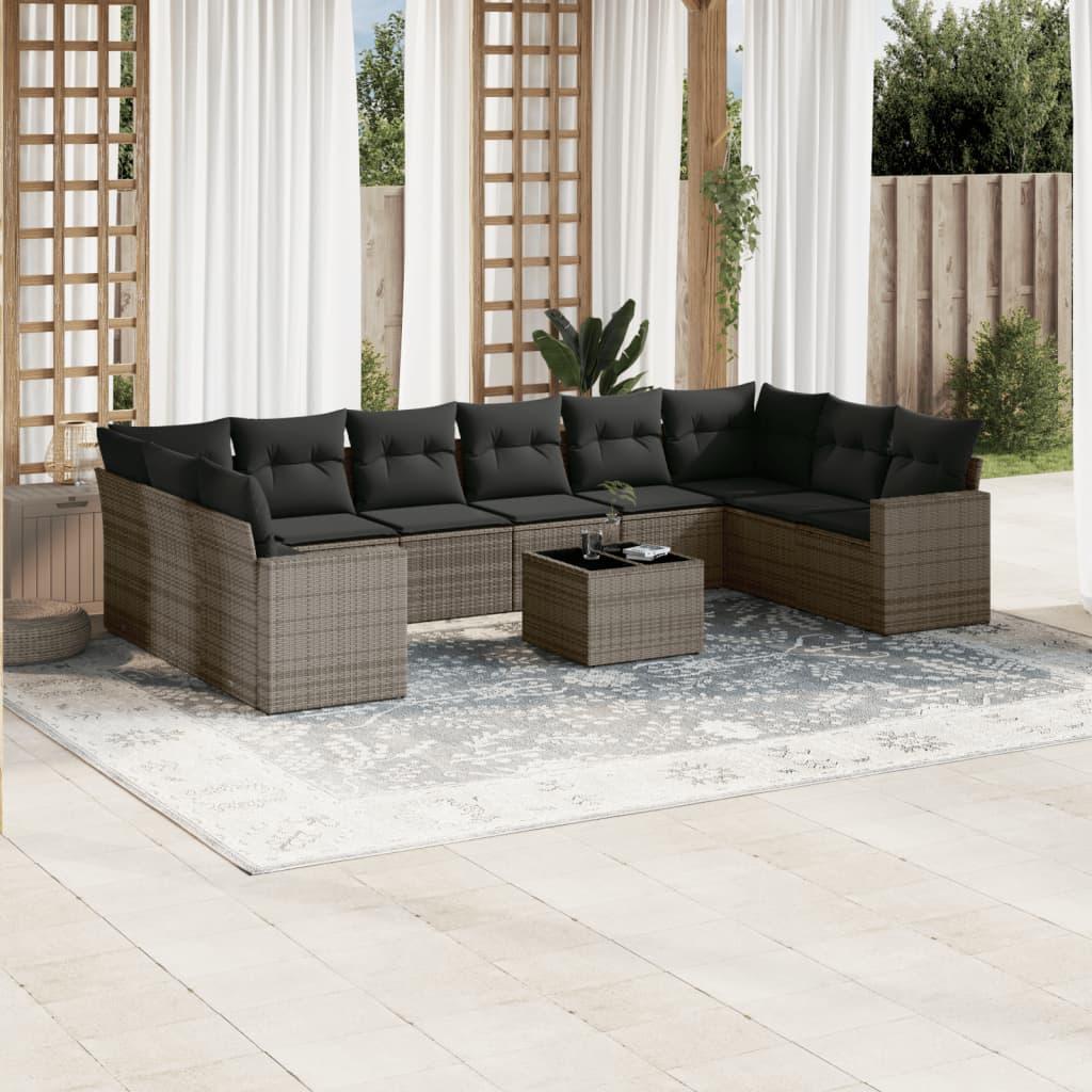 Loungesæt Til Haven 11 Dele Med Hynder Polyrattan - Grå / Med bord