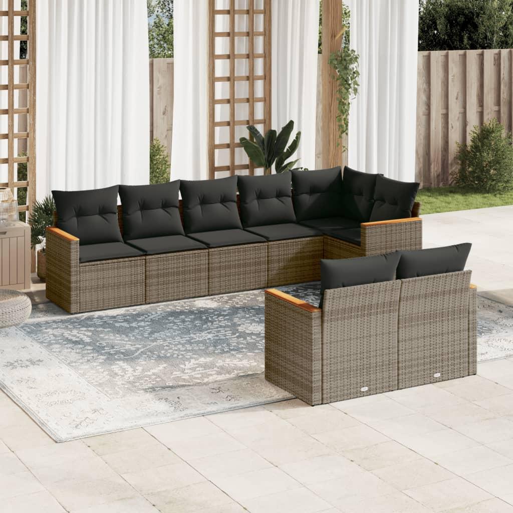 Sofasæt til haven i polyrattan - 8 dele med hynder, grå