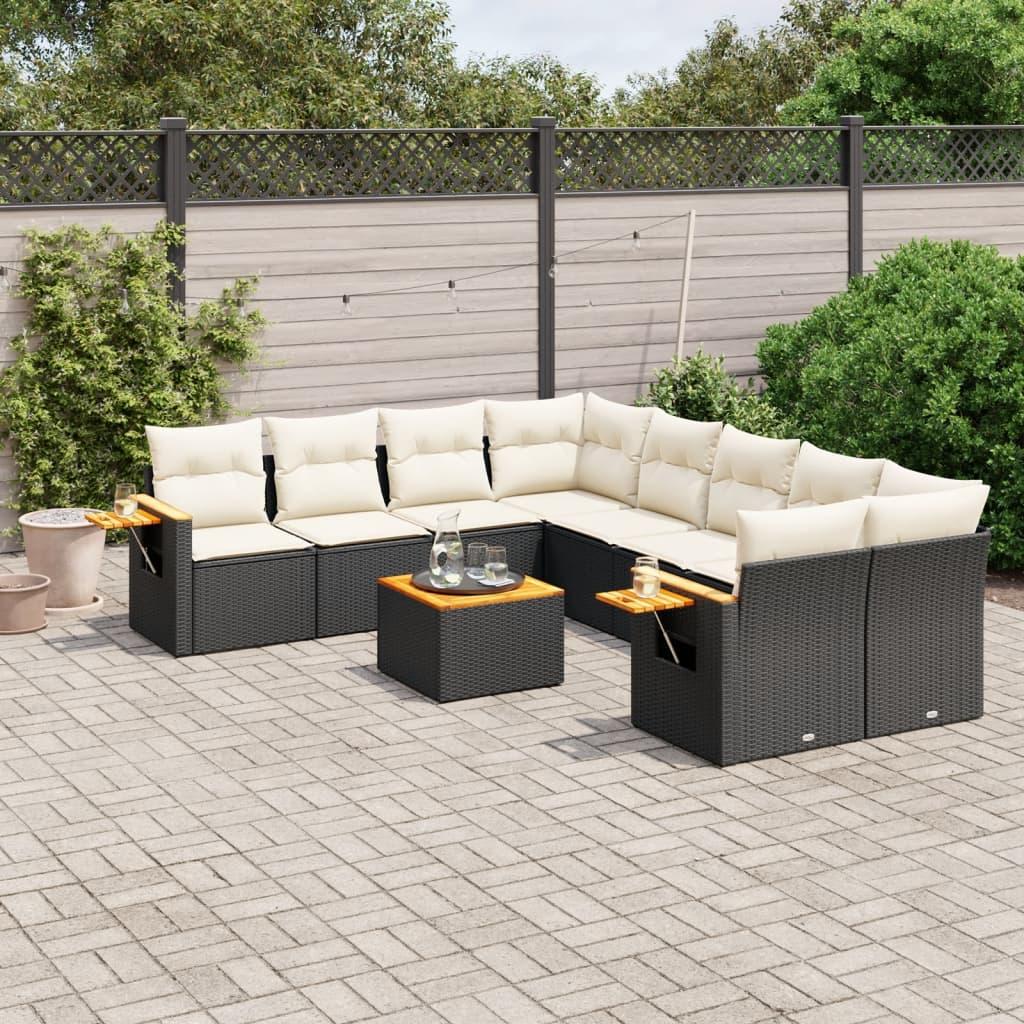 Sofasæt til haven - 9 dele i sort polyrattan med hynder og bord