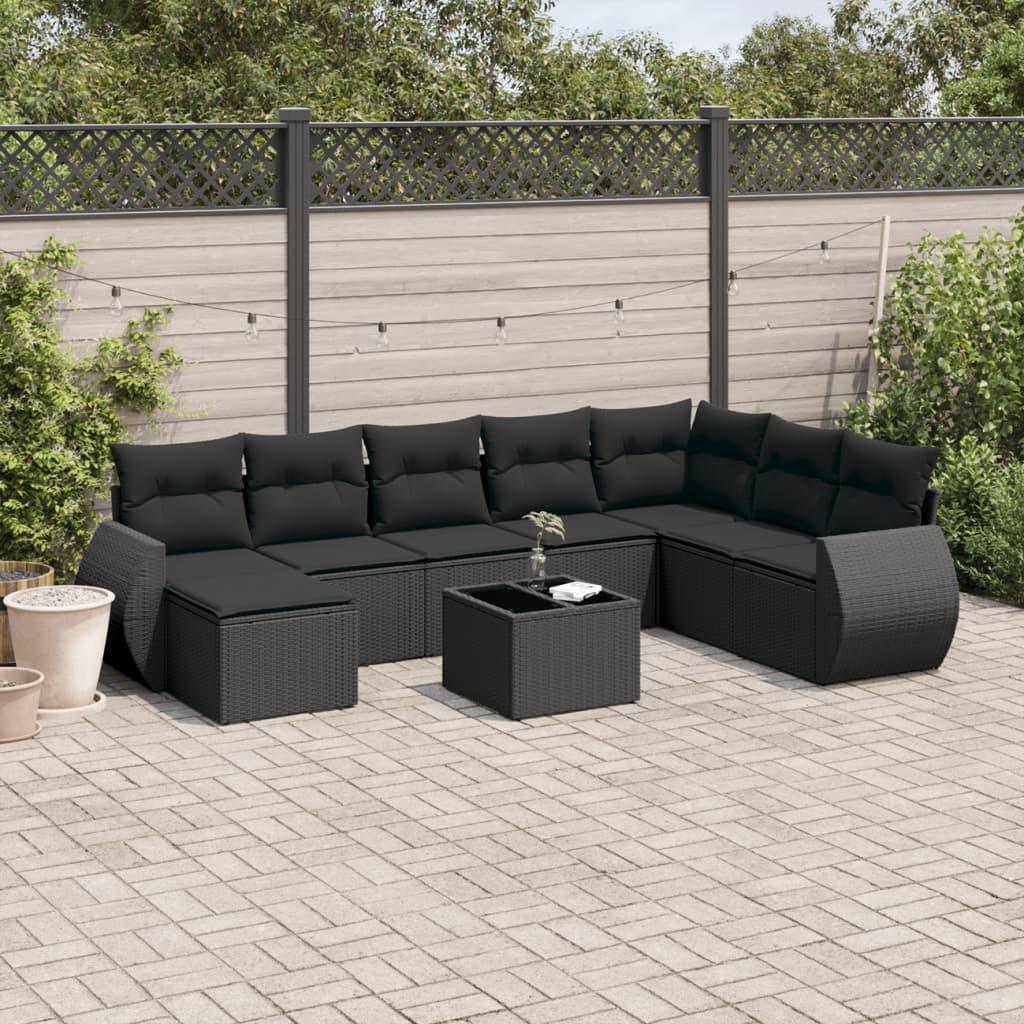 Sofasæt Til Haven 9 Dele Med Hynder Polyrattan Sort - Sort / Med bord