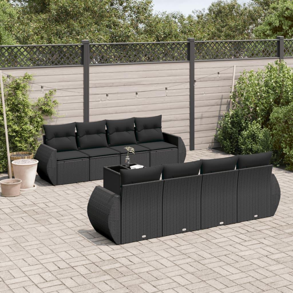Sofasæt til haven i polyrattan - 9 dele med hynder, sort