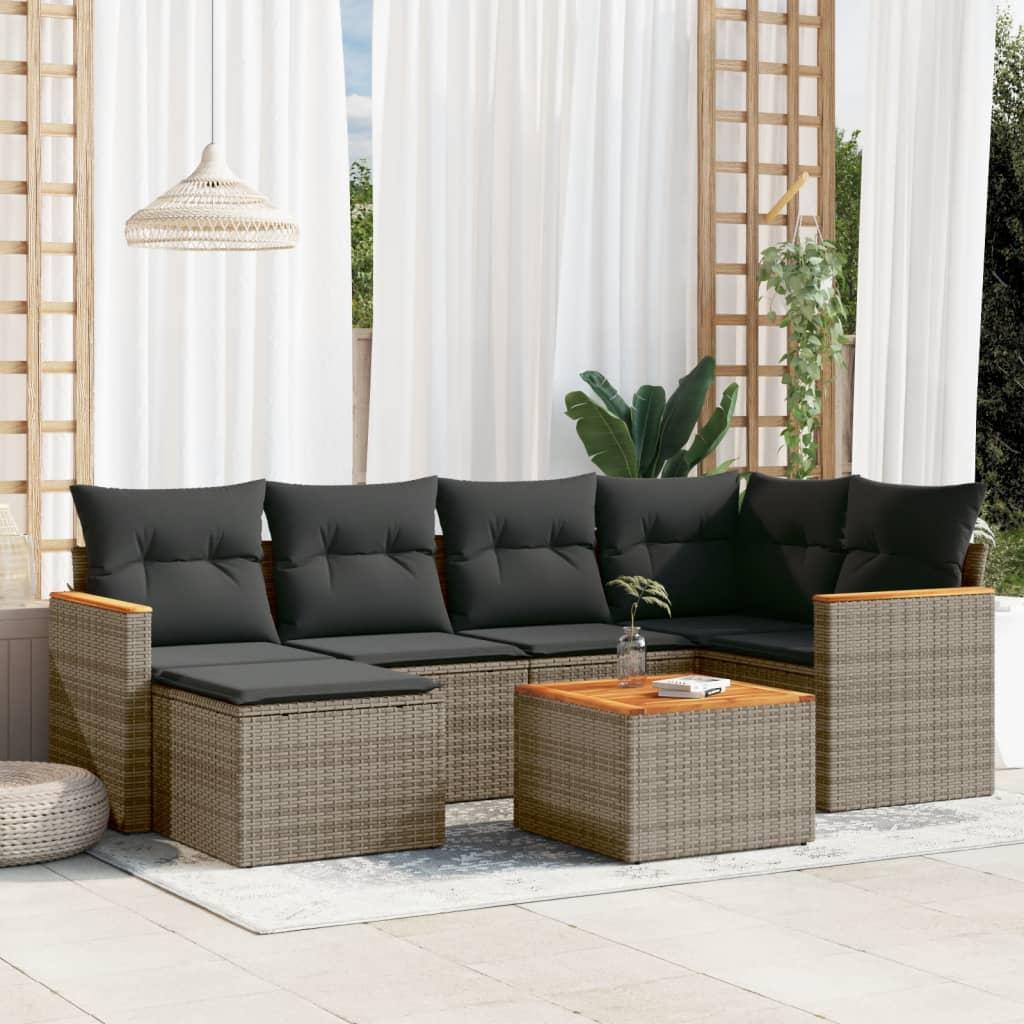 Sofasæt Til Haven 7 Dele Med Hynder Polyrattan Sort - Grå / Med bord