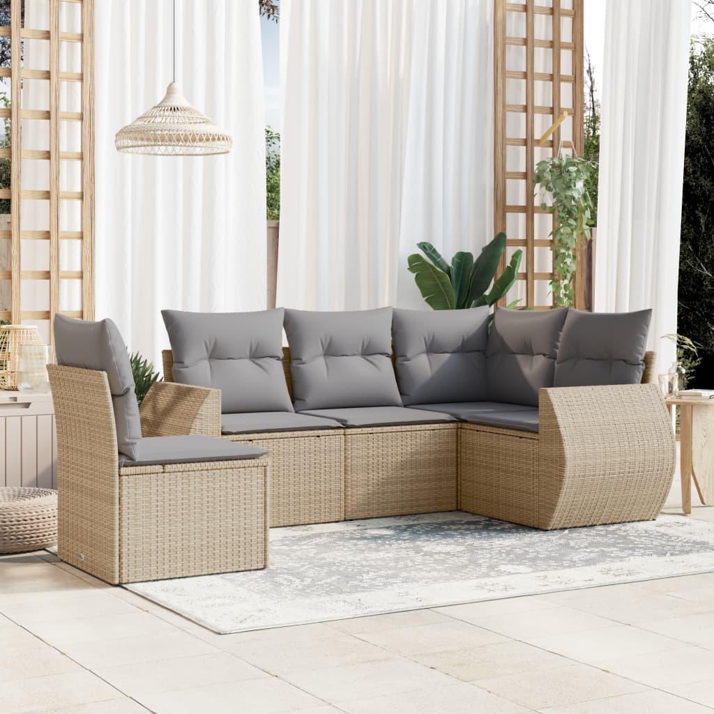 Sofasæt til haven i polyrattan - 5 dele med hynder og opbevaring, beige/lysegrå
