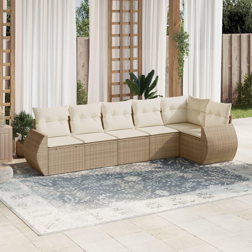 Sofasæt til haven 6 dele med hynder og opbevaring i polyrattan beige