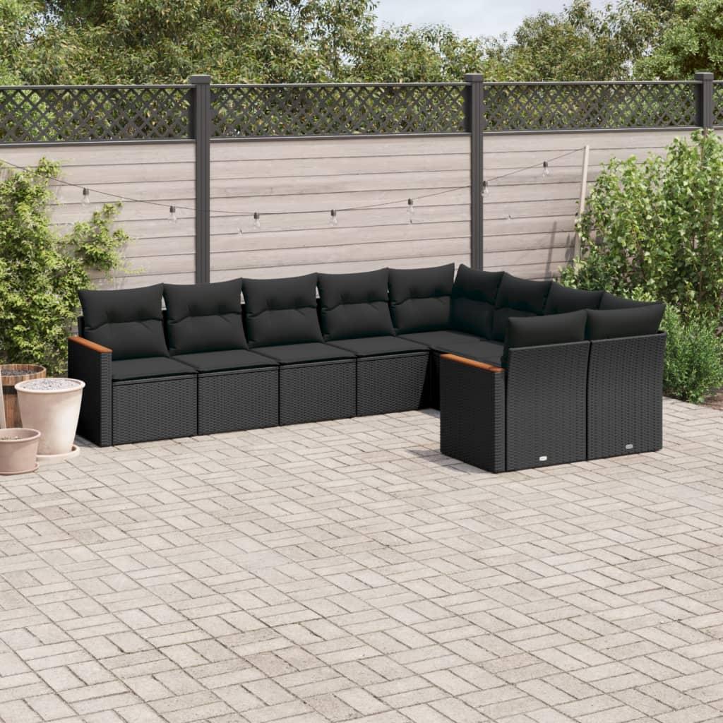 Sofasæt til haven - 9 dele i sort polyrattan med hynder og opbevaring