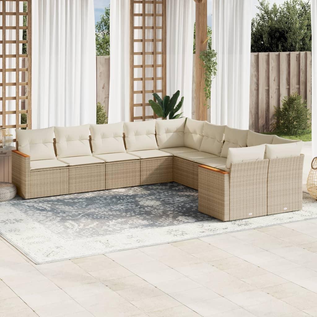 Sofasæt til haven i polyrattan, 10 dele med hynder - beige