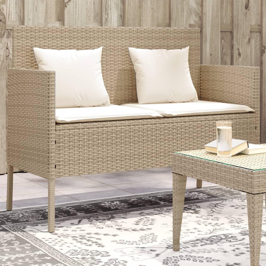 Havebænk med hynder polyrattan beige billede